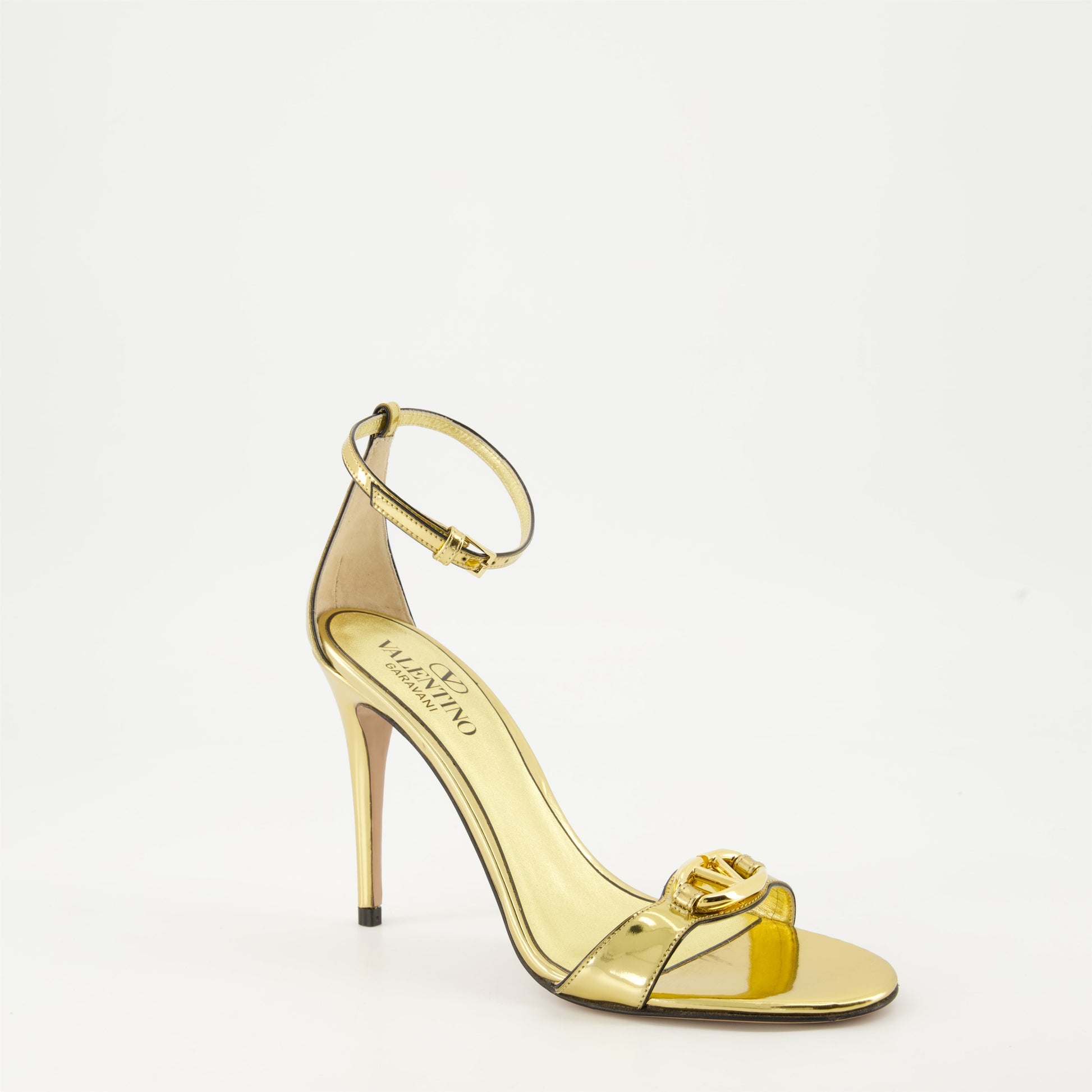 Gold leather heeled sandals, VLogo sandals, Valentino Garavani footwear, luxury open toe sandals, high-end leather shoes