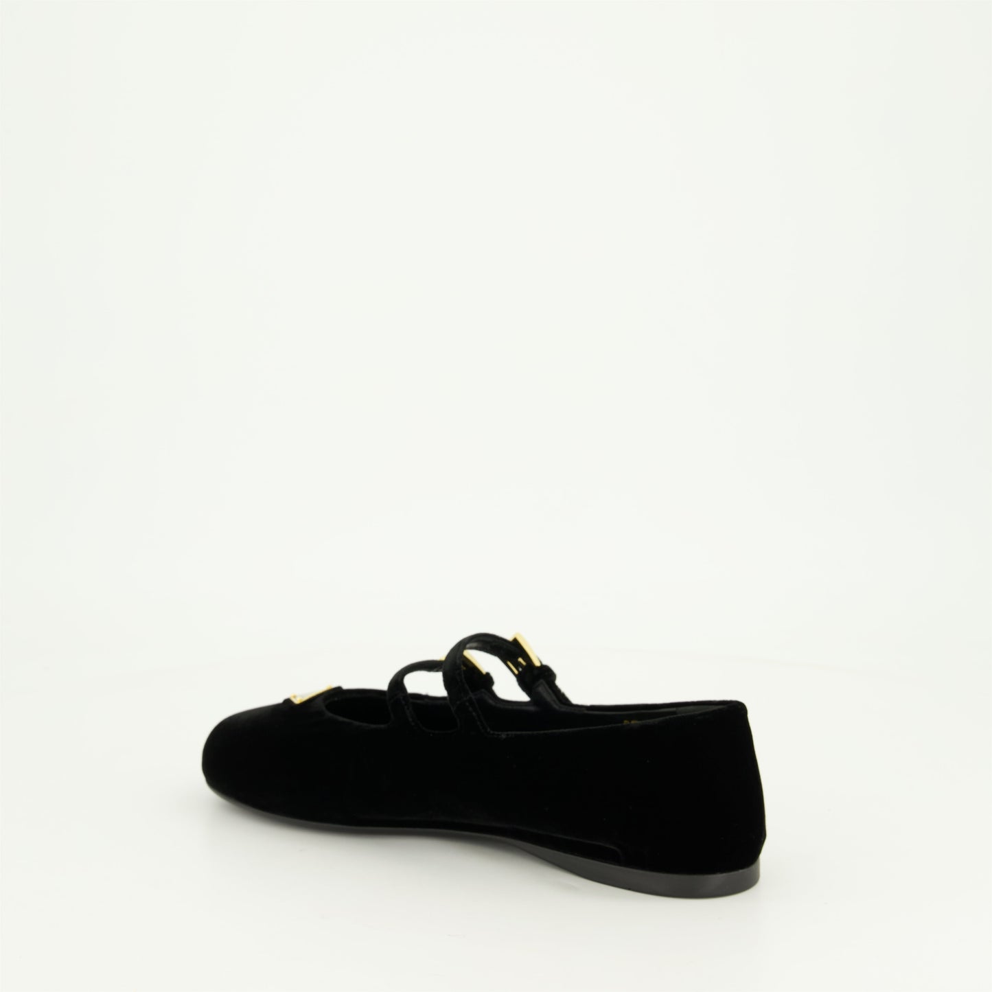 black velvet ballerinas, adjustable straps, metal logo detail, Prada collection, almond toe design