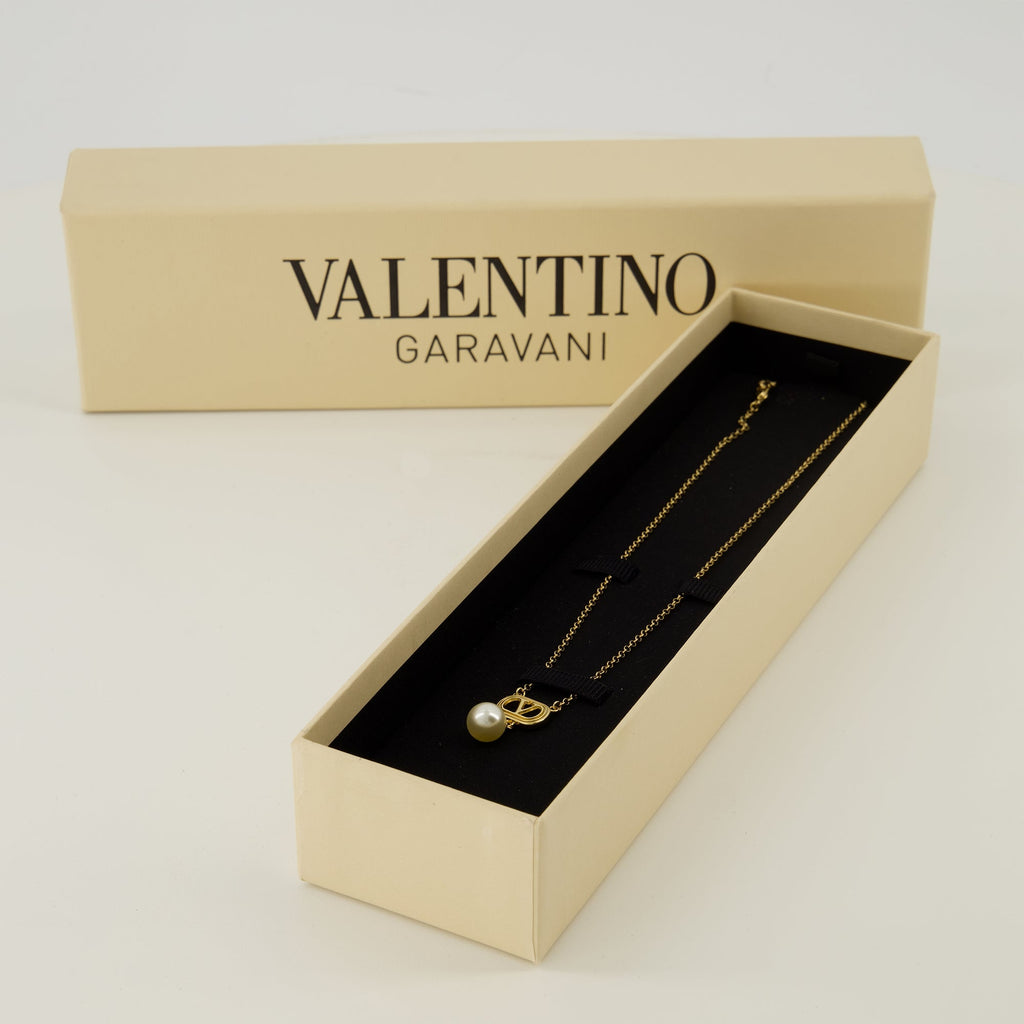 Valentino Garavani necklace, Vlogo pearl necklace, luxury accessories, gold metal jewelry, designer neckwear