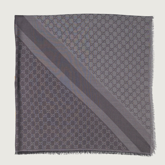 GG scarf, silk scarf, grey scarf, luxury accessories, GG pattern