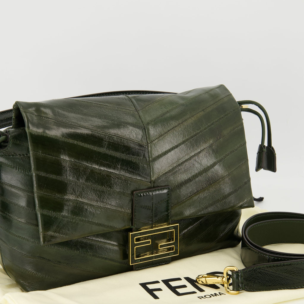 Fendi Mamma Baguette, dark green handbag, luxury accessories, refined design, braided myxine leather