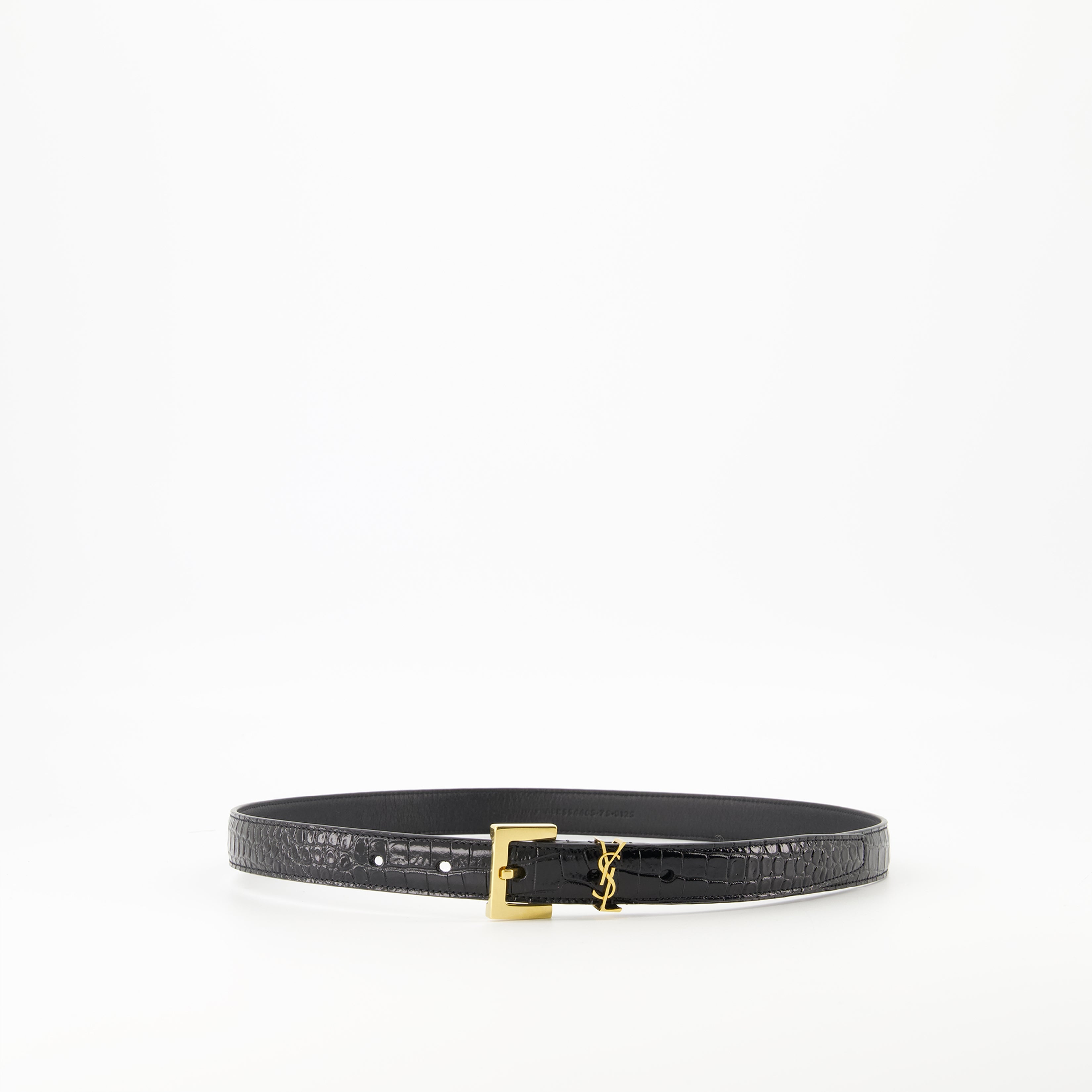 croc effect belt, adjustable belt, black leather accessories, metallic logo belt, Cassandre belt