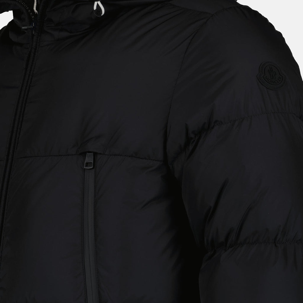 Moncler, puffer jacket, black nylon jacket, winter fashion, luxury outerwear