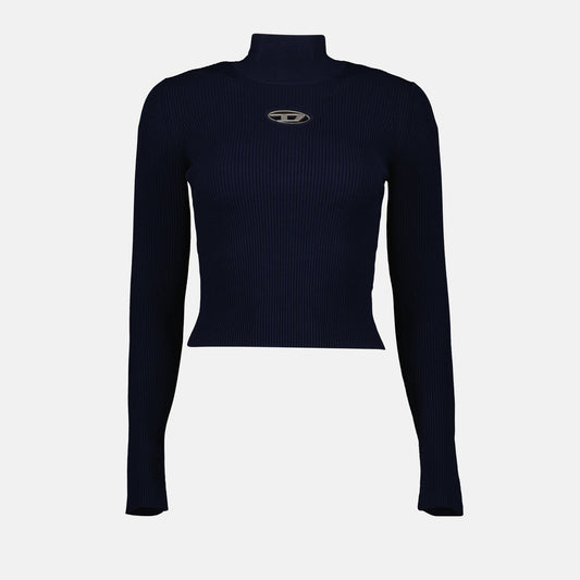 turtleneck sweater, knitwear, midnight blue sweater, ribbed knit top, Diesel fashion