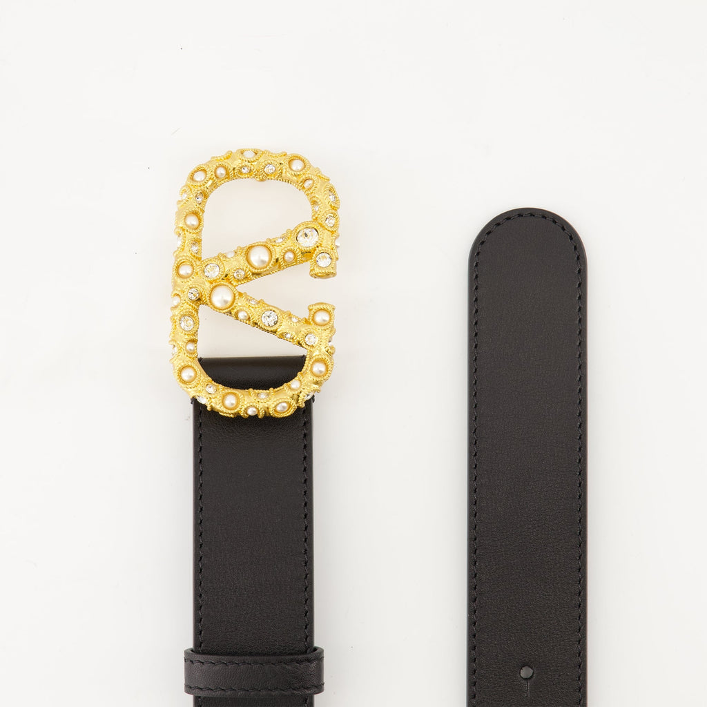 VLogo Cristaux Belt, Valentino Garavani, Swarovski crystals, luxury accessories, black calf leather