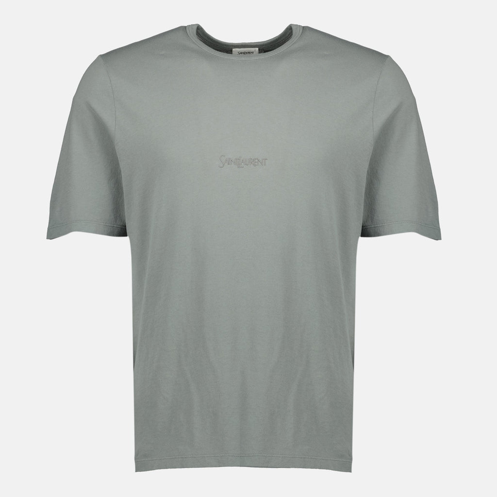 Saint Laurent T-shirt, embroidered T-shirt, gray cotton T-shirt, men's casual wear, short sleeve T-shirt
