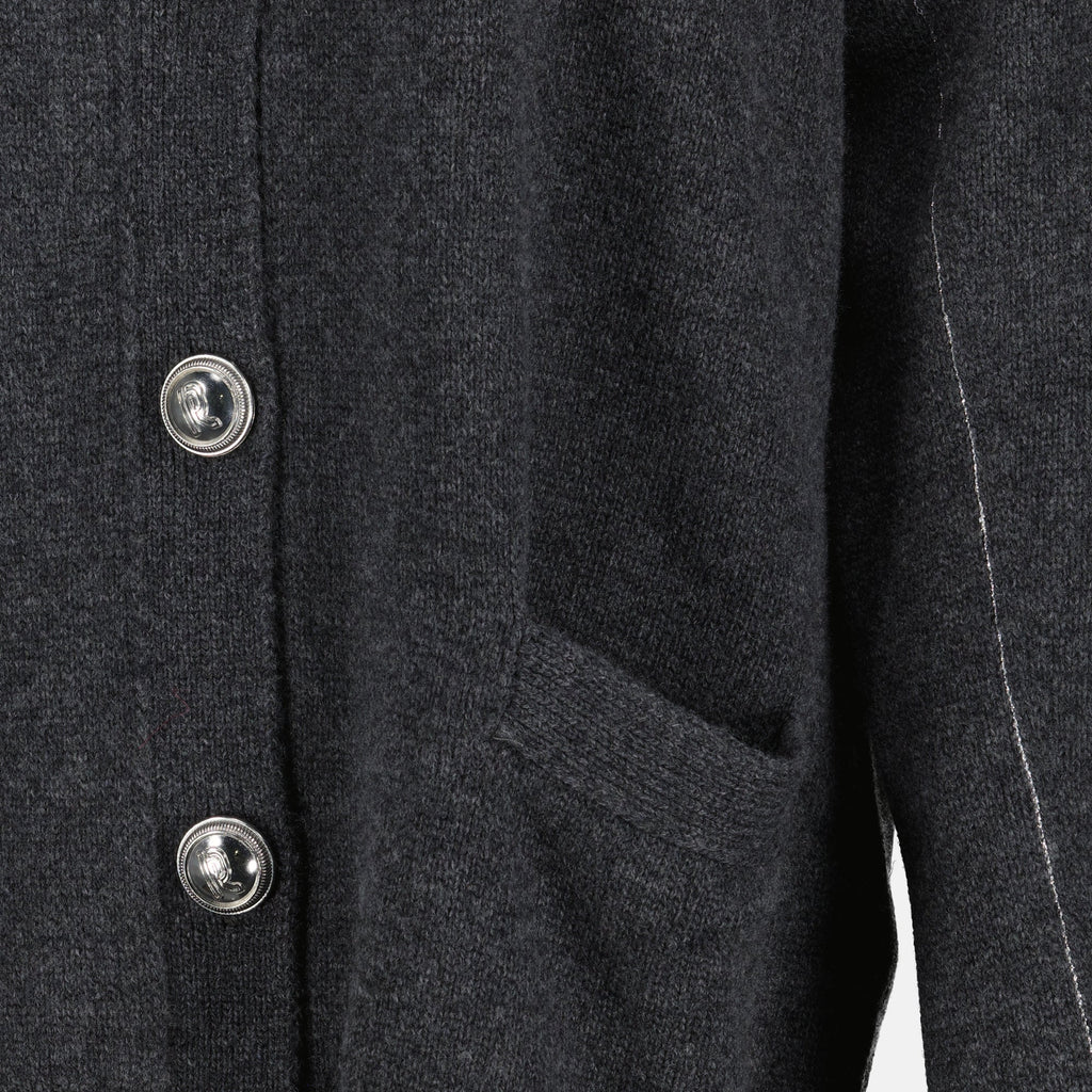 grey cardigan, wool cashmere, V-neck design, long sleeve cardigan, Rabanne