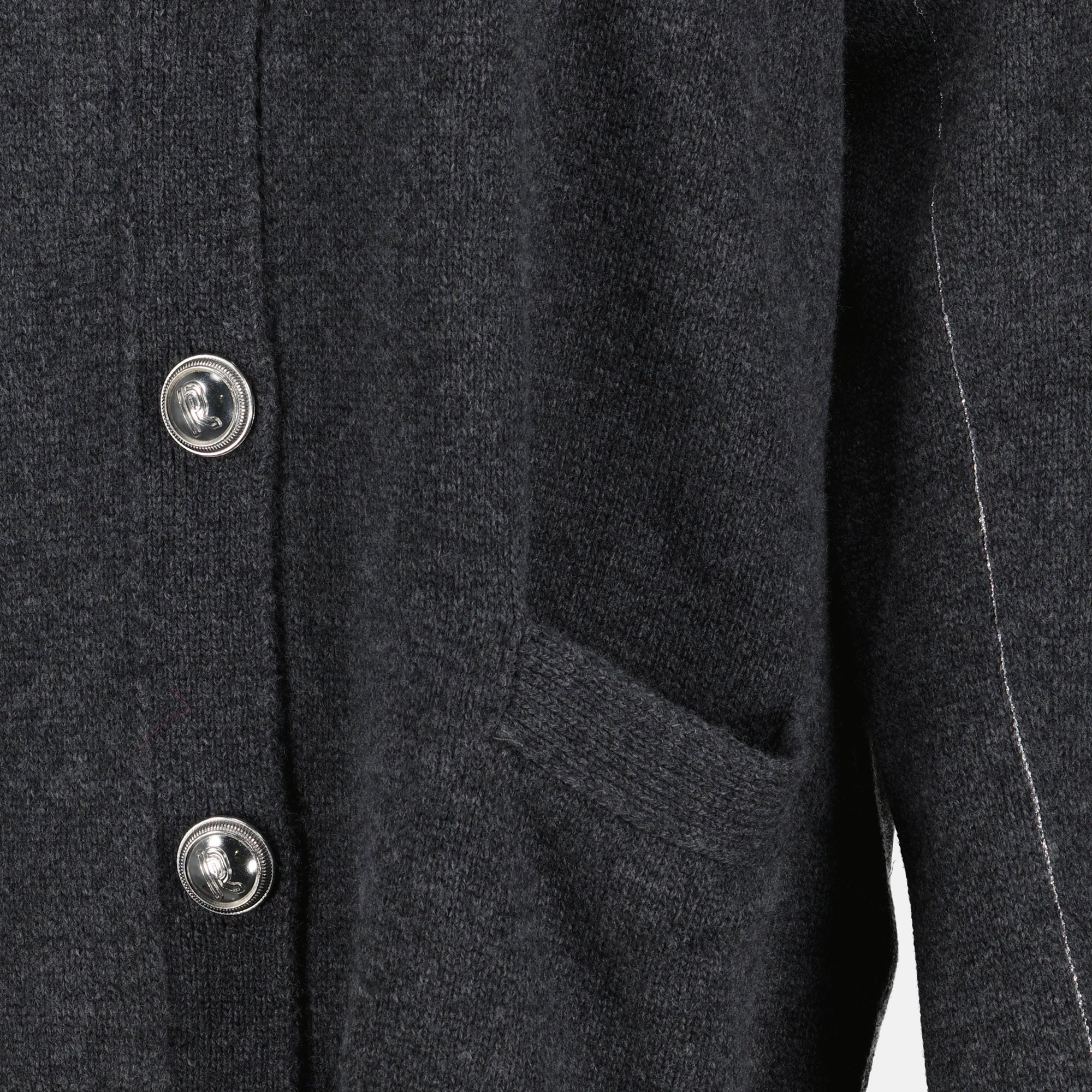 grey cardigan, wool cashmere, V-neck design, long sleeve cardigan, Rabanne