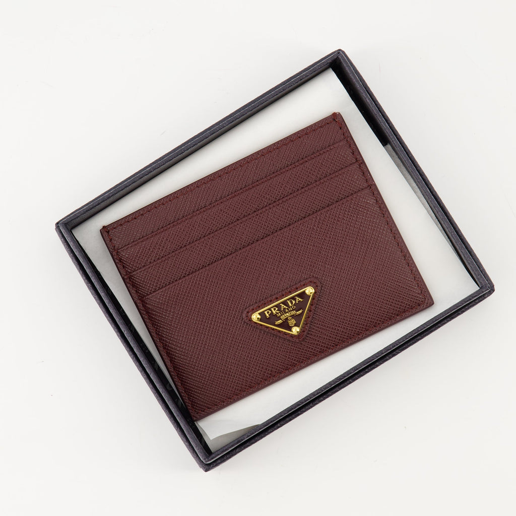 Prada wallet, Saffiano leather wallet, bordeaux wallet, card holder, luxury accessories