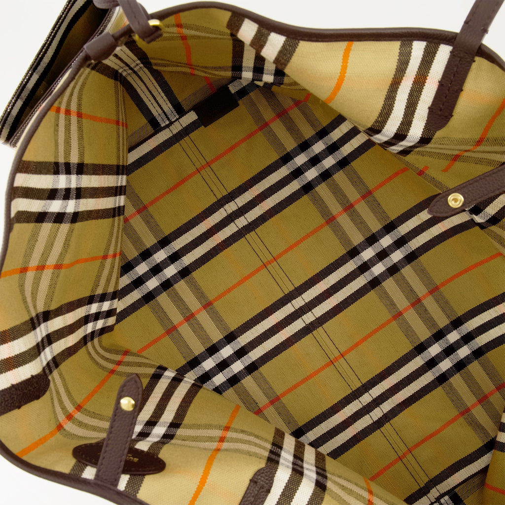 Highlands Check Tote, Burberry bag, cotton and linen tote, leather accents bag, elegant tote bag