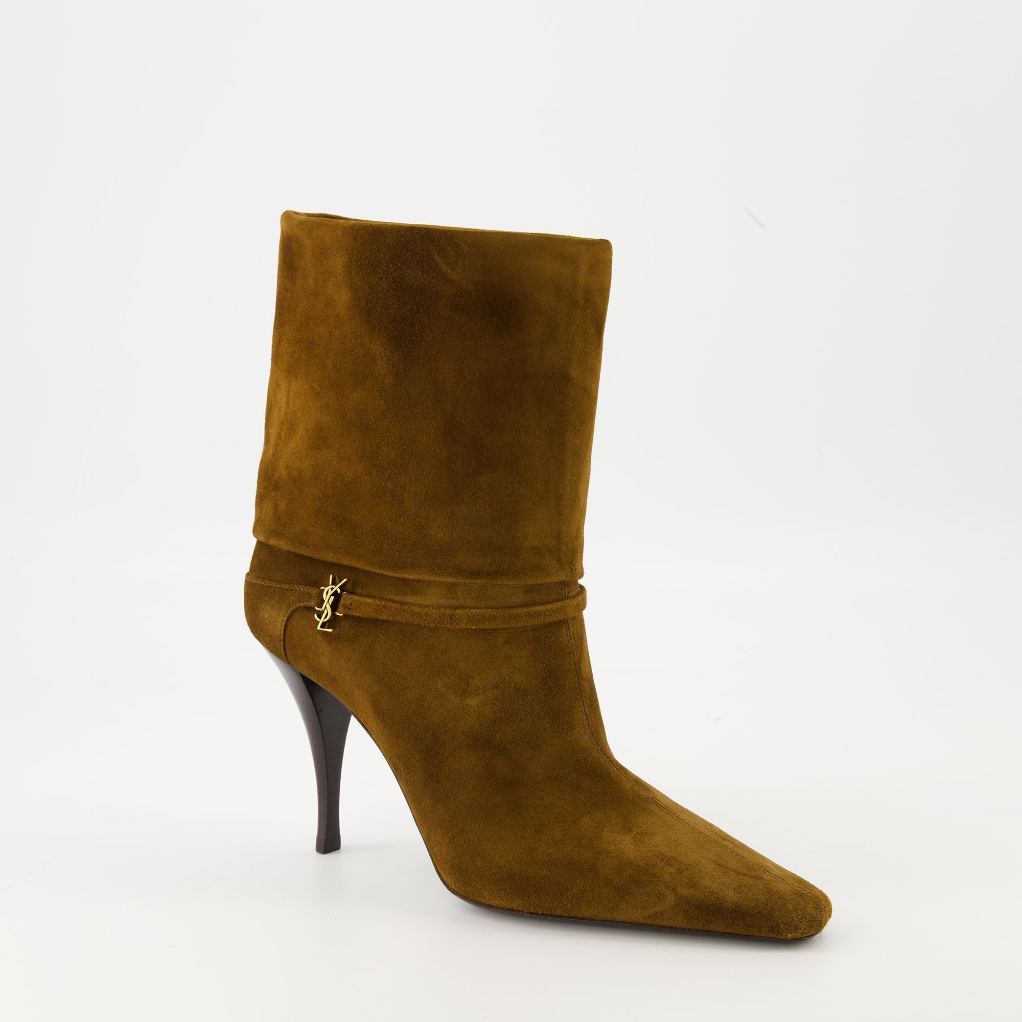 Suede ankle boots, Heeled boots, Saint Laurent footwear, Brown ankle boots, Autumn-winter fashion