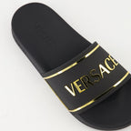 slide sandals, golden logo sandals, comfortable sandals, summer footwear, casual summer style