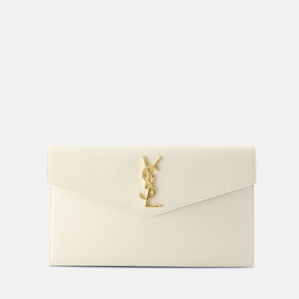 Uptown Clutch, Saint Laurent Clutch, textured leather pouch, ivory envelope clutch, luxury accessory