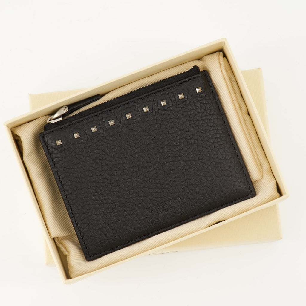 Valentino Garavani wallet, grained leather wallet, Rockstud accessory, designer wallet, high-quality wallet