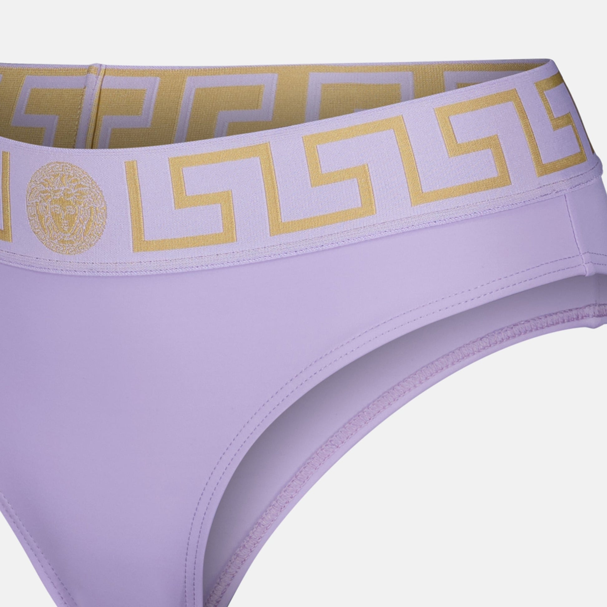 Versace bikini, Greca pattern swimwear, luxury swimwear, purple bikini bottoms, designer beachwear