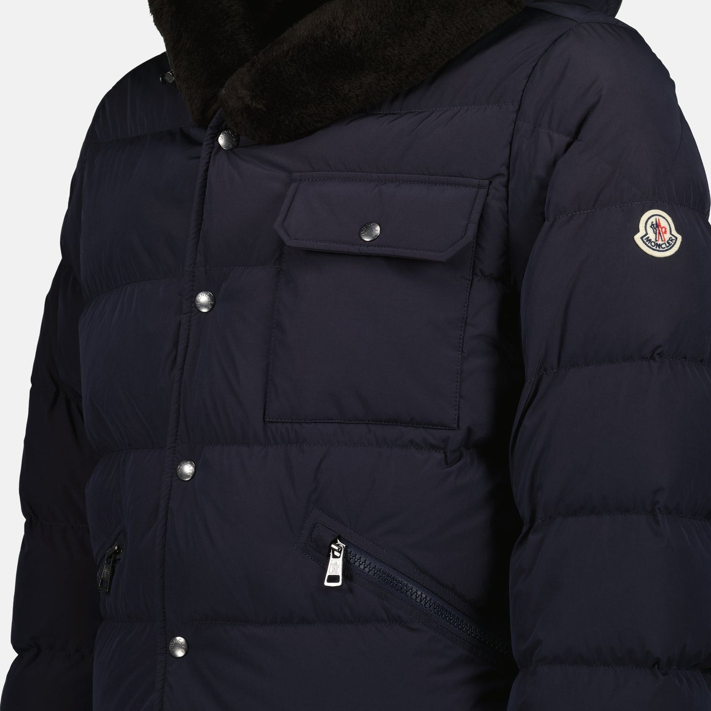 navy down jacket, teddy-lined hood, autumn winter collection, zipped pockets, premium outerwear