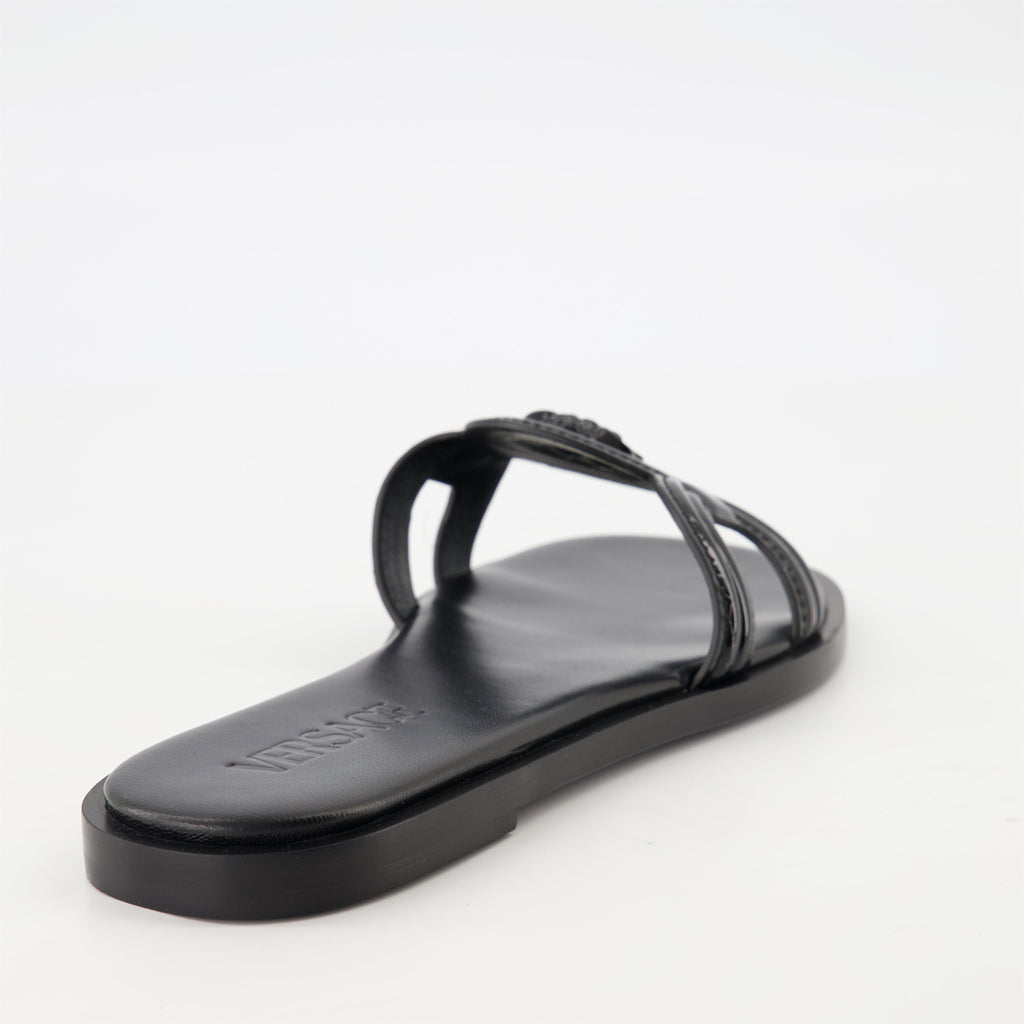 black leather slides, Medusa '95, stylish footwear, comfortable slides, luxury accessories