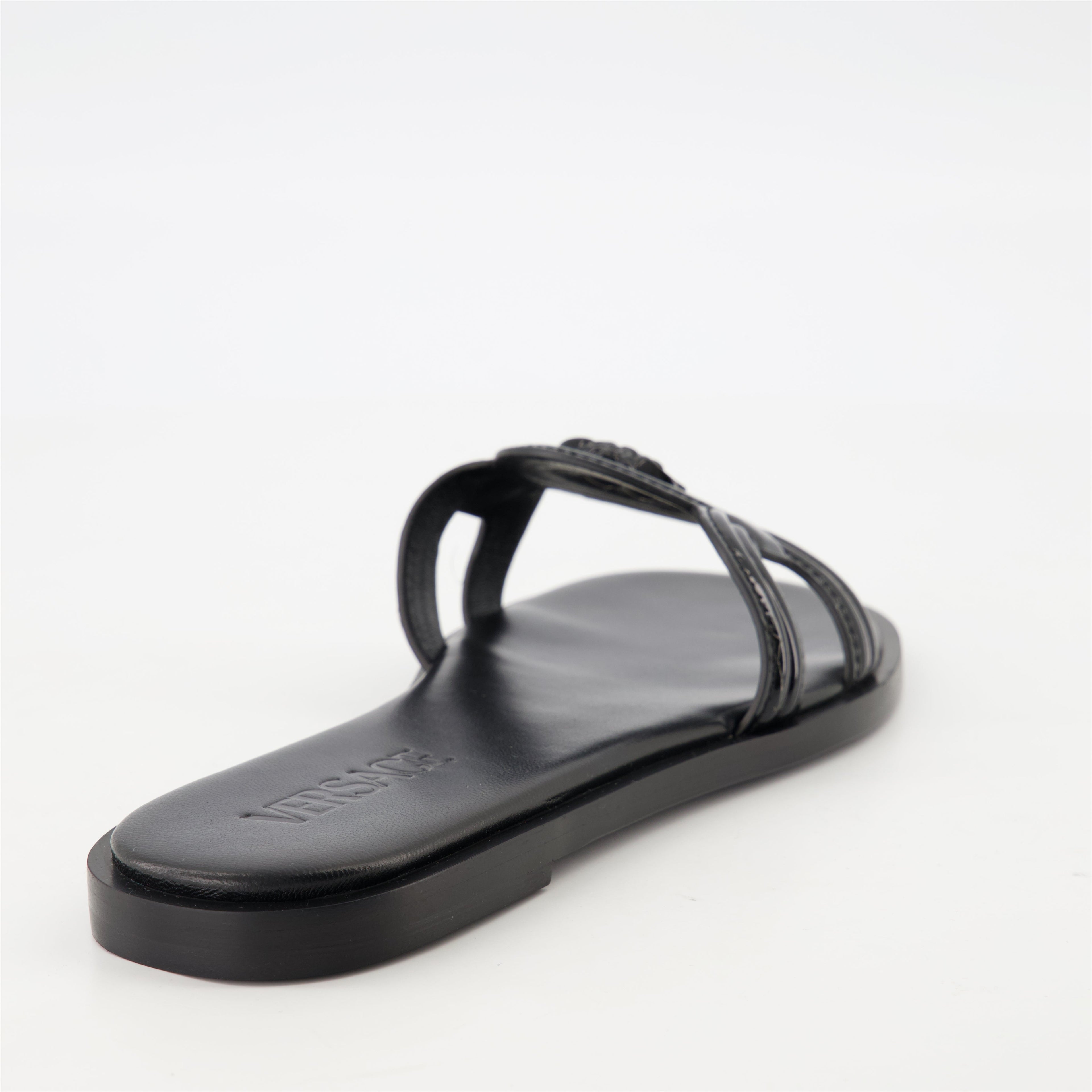 black leather slides, Medusa '95, stylish footwear, comfortable slides, luxury accessories