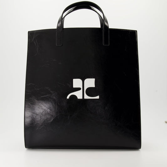 Courrèges, Heritage Tote Bag, Shiny Leather Tote, Luxury Handbag, Glossy Black Leather