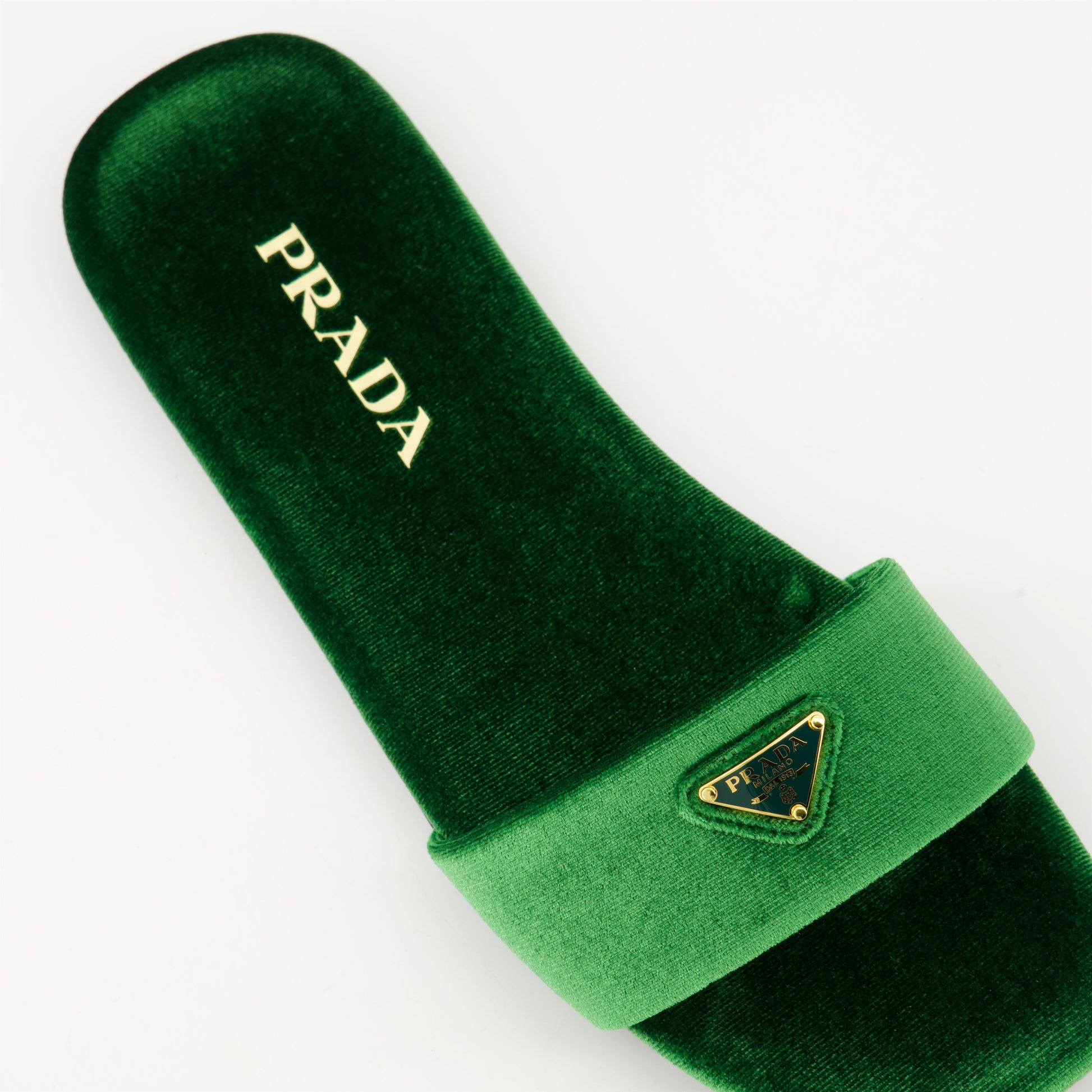 Prada sandals, green velvet shoes, luxury footwear, autumn-winter 2024, flat sandals