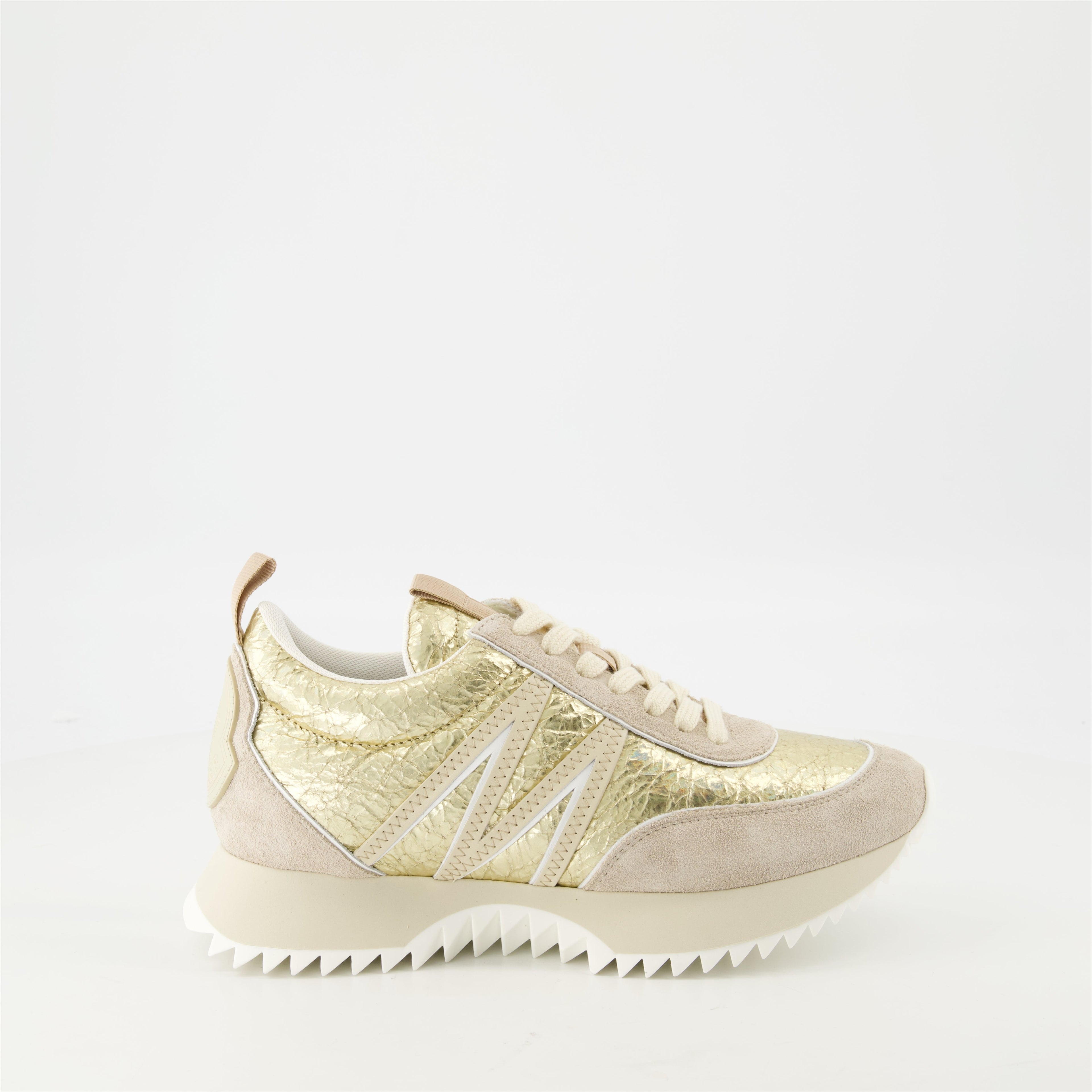 Pacey leather sneakers, Moncler footwear, metallic gold sneakers, women's fashion shoes, casual leather sneakers