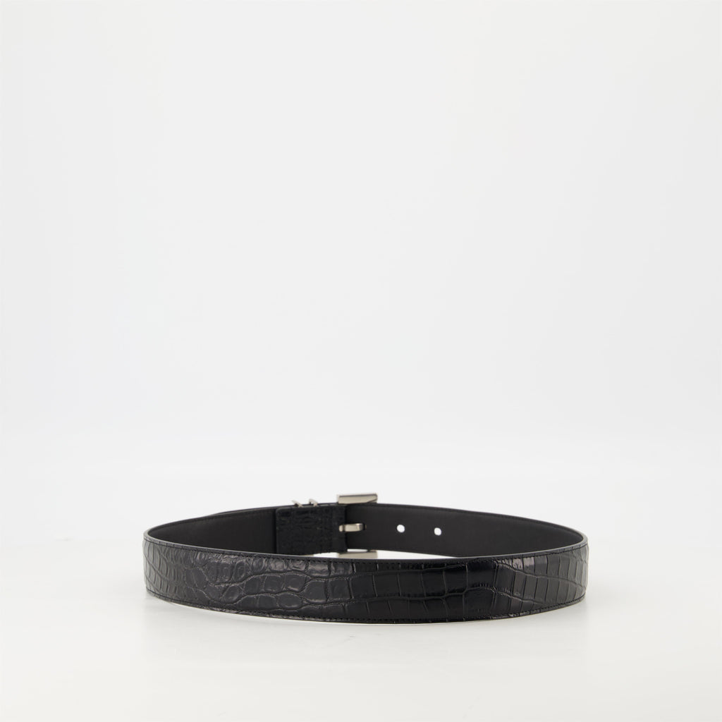 Cassandre belt, croc effect leather belt, black leather belt, adjustable leather belt, metallic logo belt
