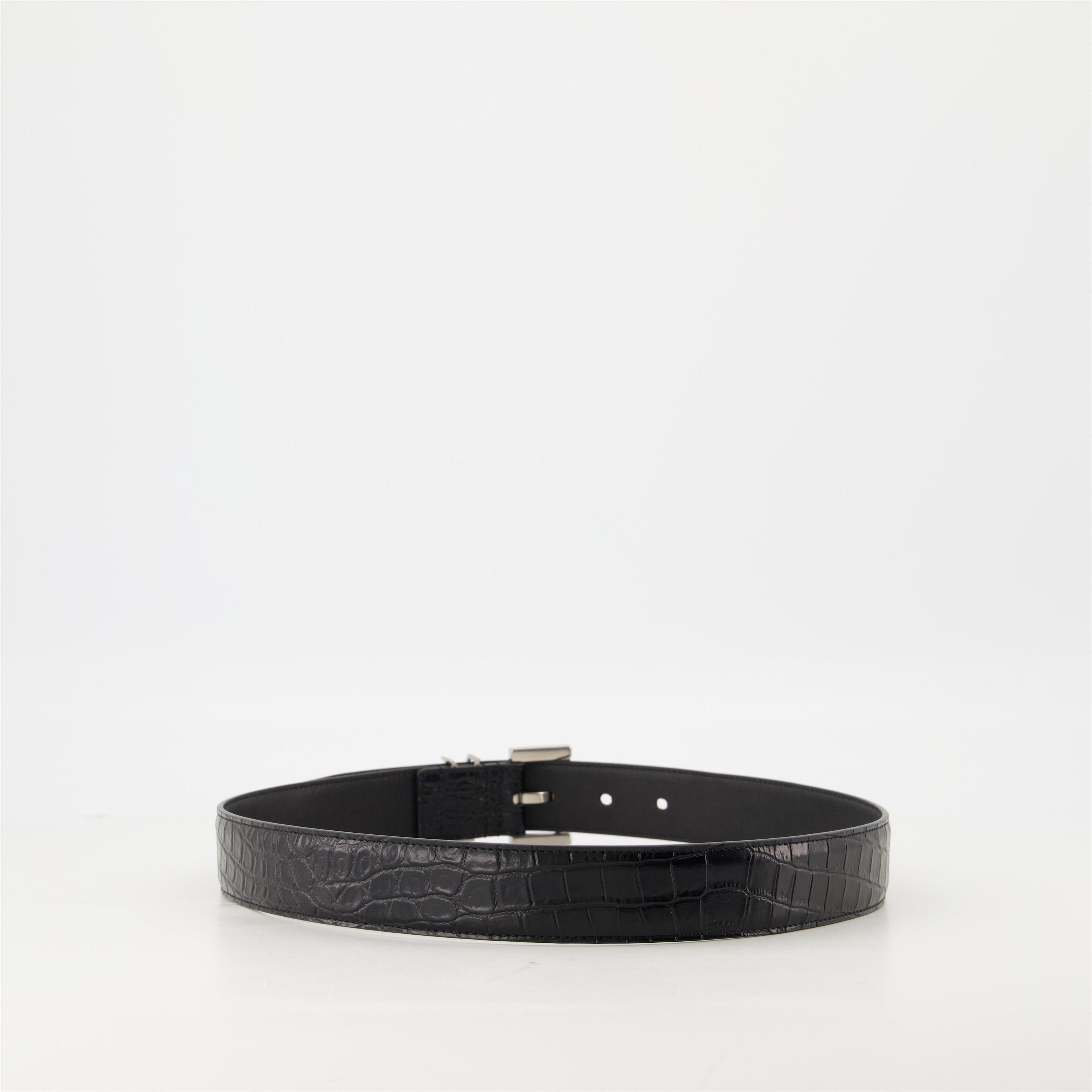 Cassandre belt, croc effect leather belt, black leather belt, adjustable leather belt, metallic logo belt