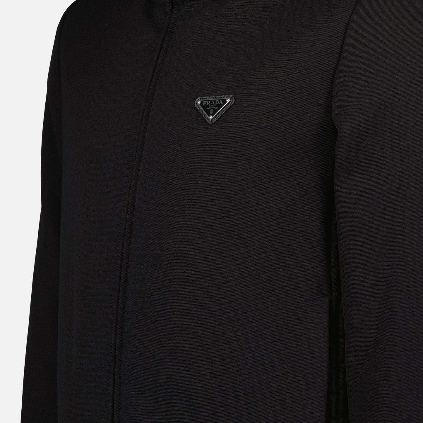 Black nylon jacket, adjustable hood, dual-zip closure, Prada Fall-Winter, metal logo