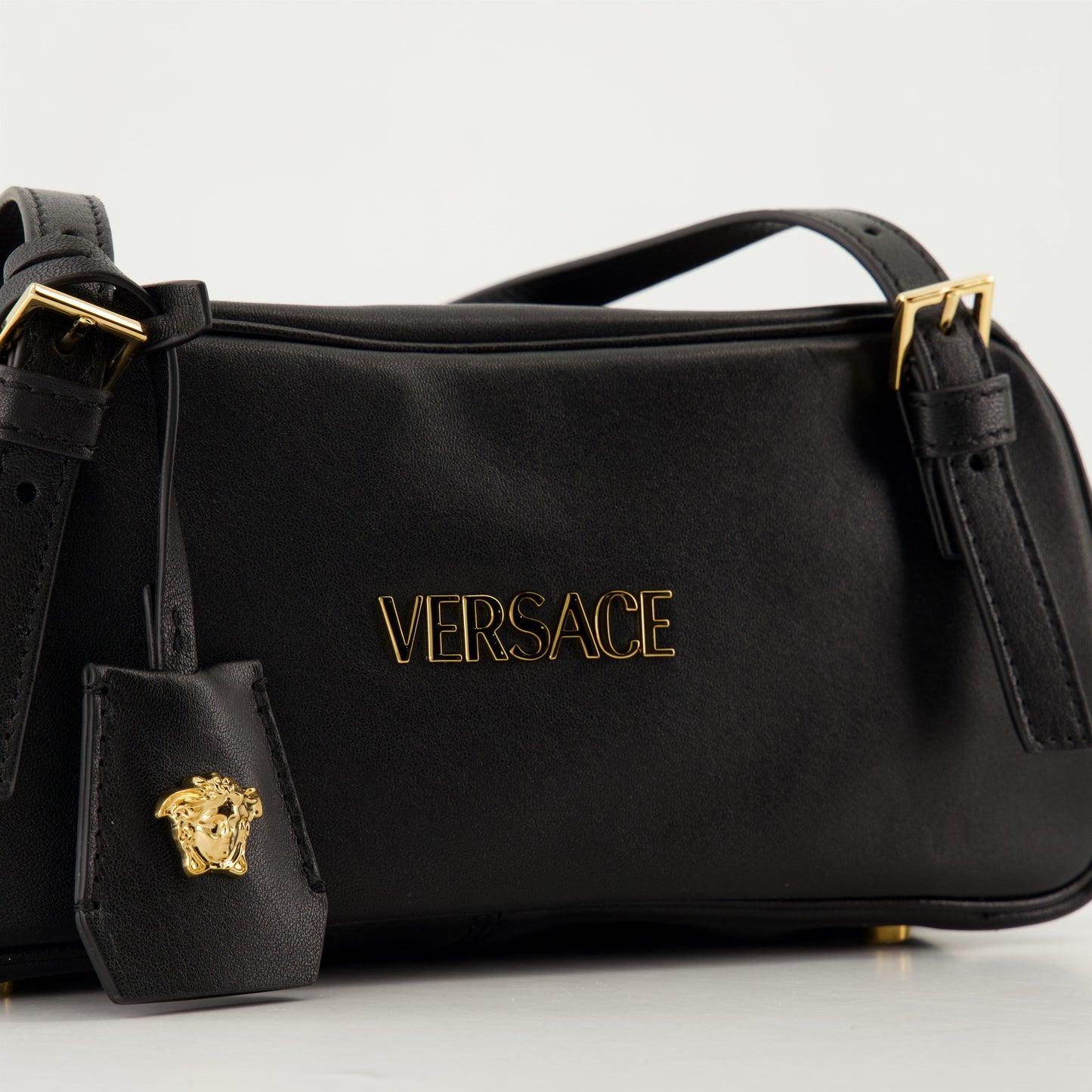 Black Bowling Bag, Nappa Leather, Adjustable Handle, Versace Accessories, Women's Designer Bags