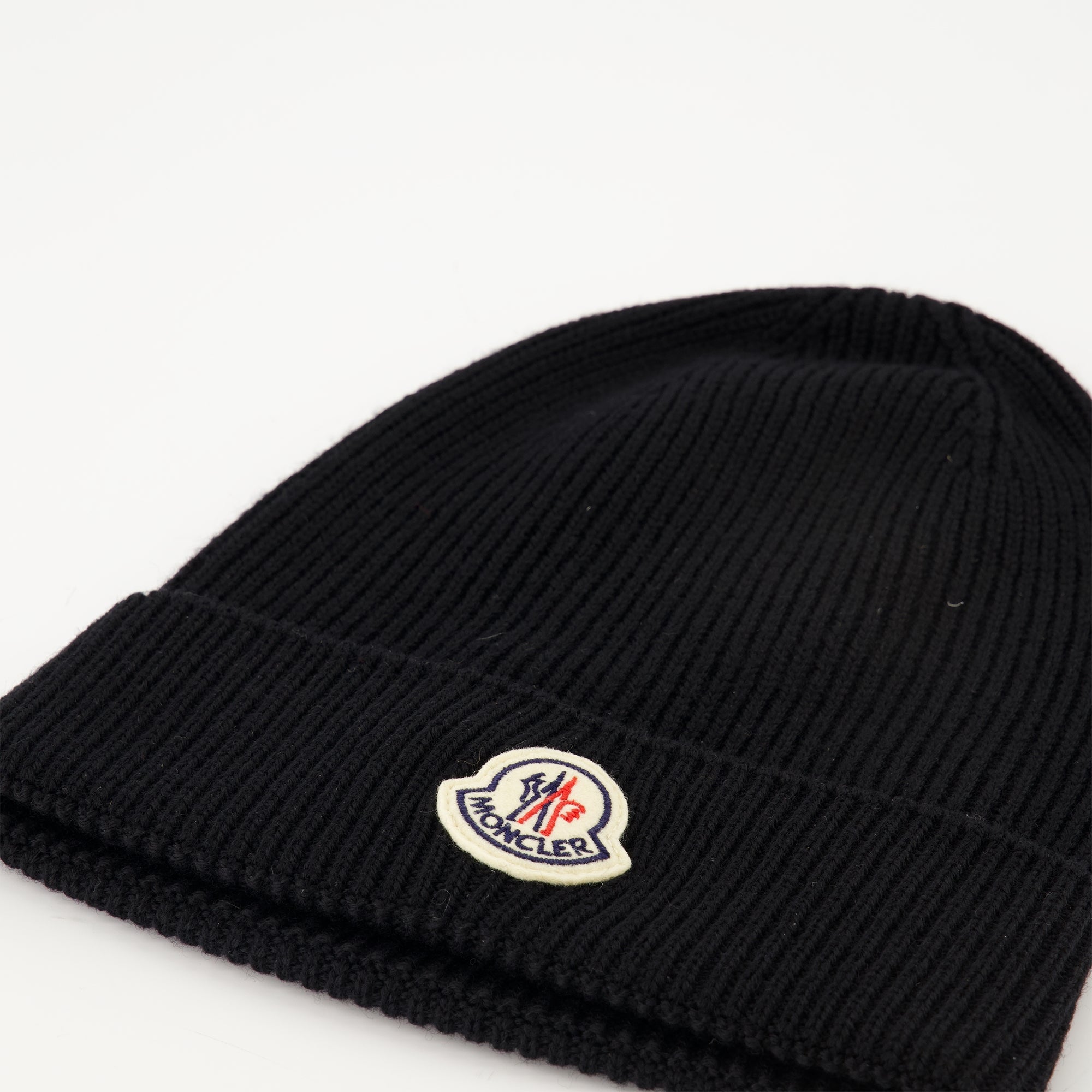 Moncler beanie, black wool beanie, Autumn-Winter accessories, ribbed edge beanie, felt logo hat