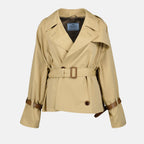 Image of Short Beige Cotton Serge Trench Coat by Prada for Women - Season Autumn-Winter 2024 - Front View