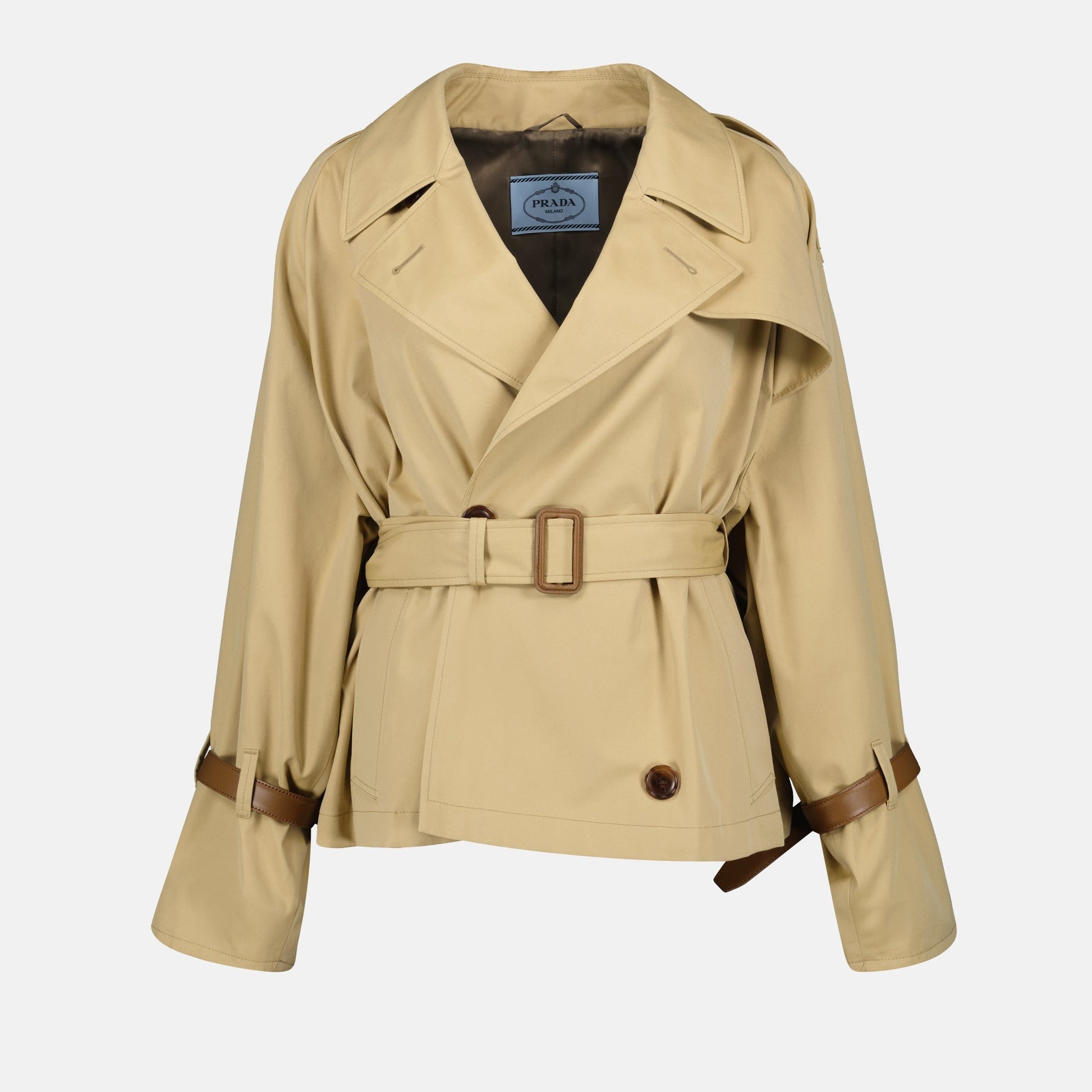 Prada trench coat, beige cotton trench, luxury outerwear, autumn-winter fashion, high-end trench coat