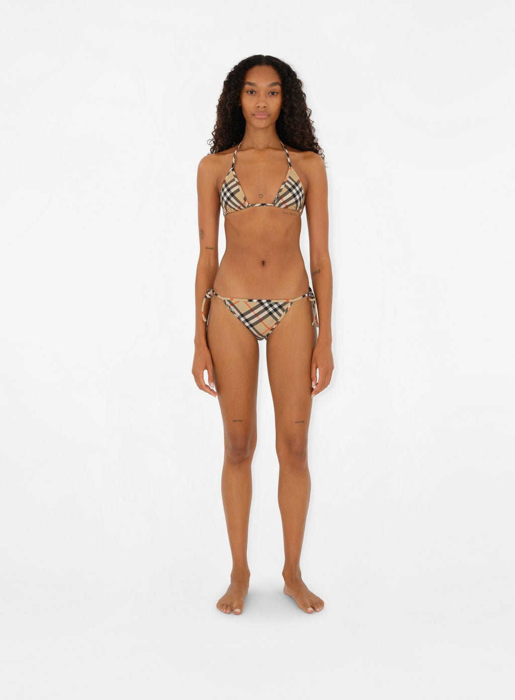 Burberry bikini top, beige checked swimwear, luxury swimwear, high-end bikini, designer bikini