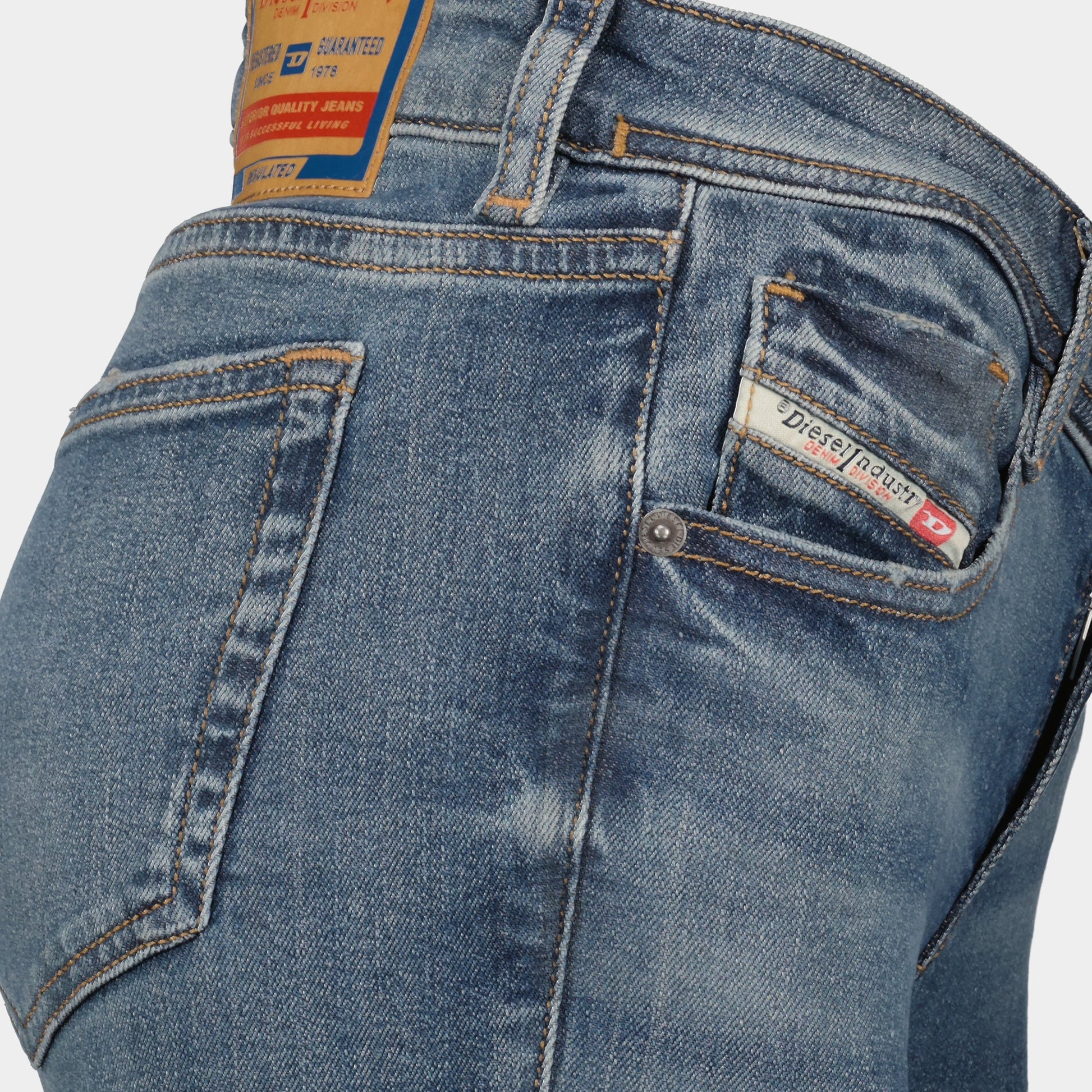 Diesel D-Ebbey, bootcut jeans, washed blue denim, low rise jeans, five-pocket jeans