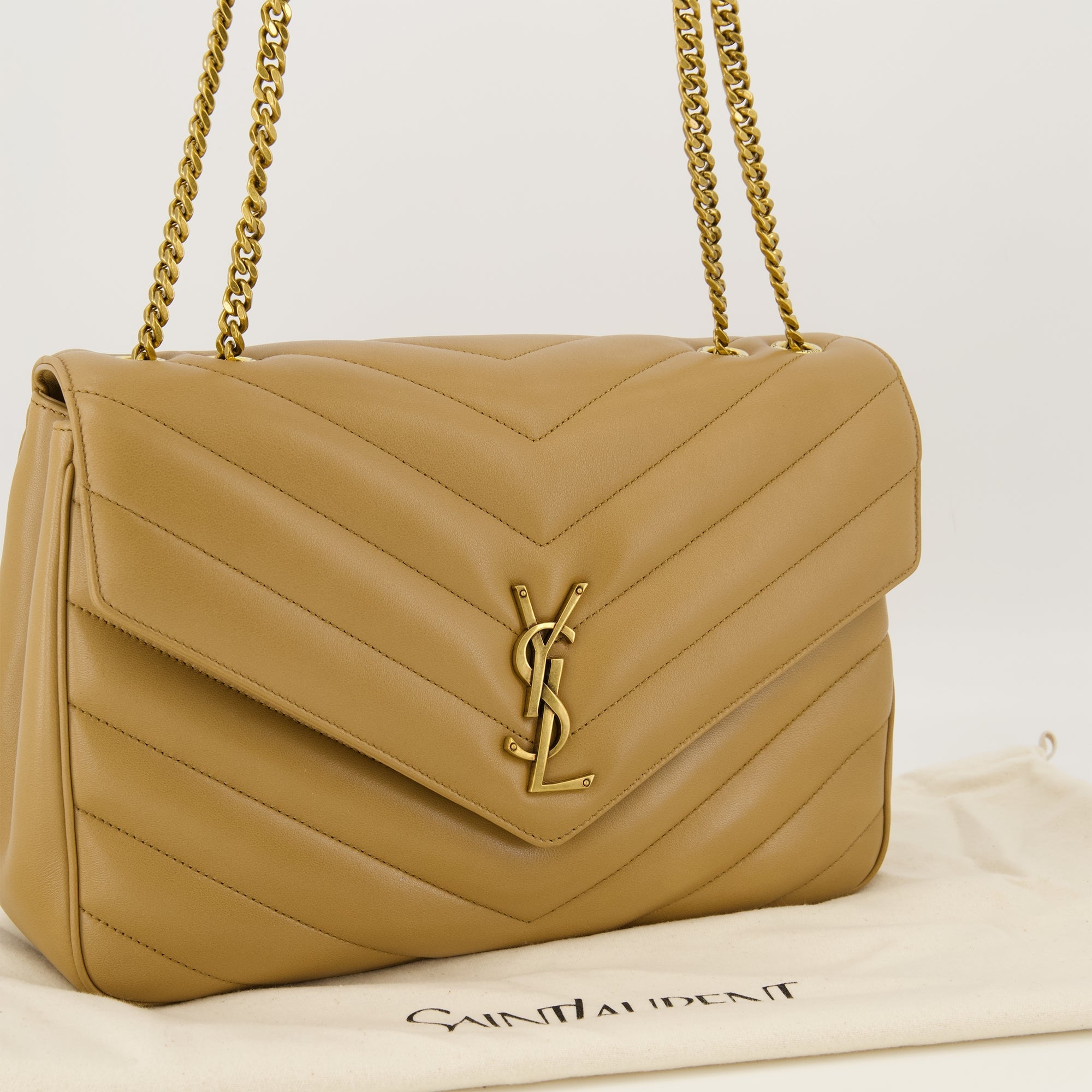 YSL Chevron Bag, taupe handbag, quilted design, luxury accessories, Saint Laurent bag