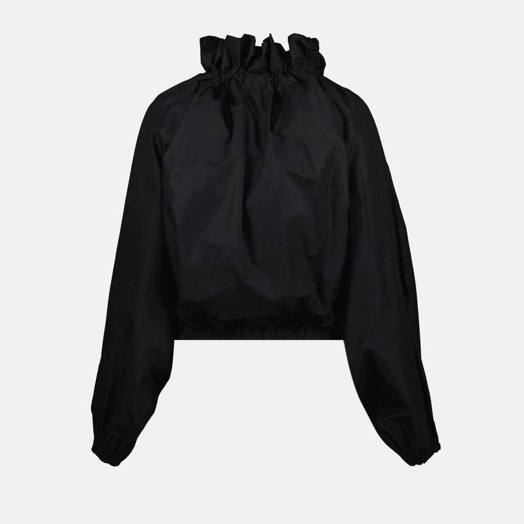 Patou blouse, black cotton blouse, puffed sleeve top, lavallière collar, sustainable fashion