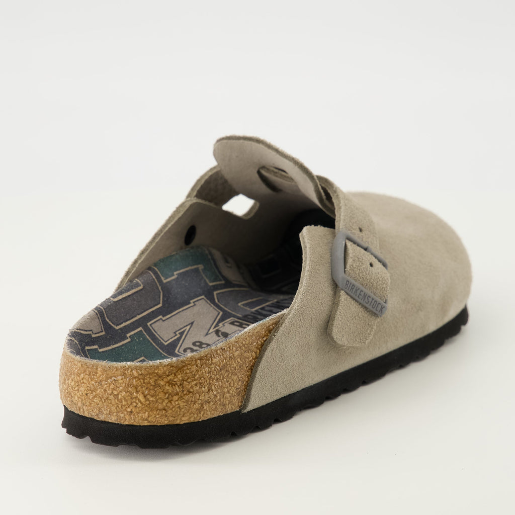 Birkenstock mules, Boston grey slip-ons, suede footwear, comfortable mules, seasonal footwear