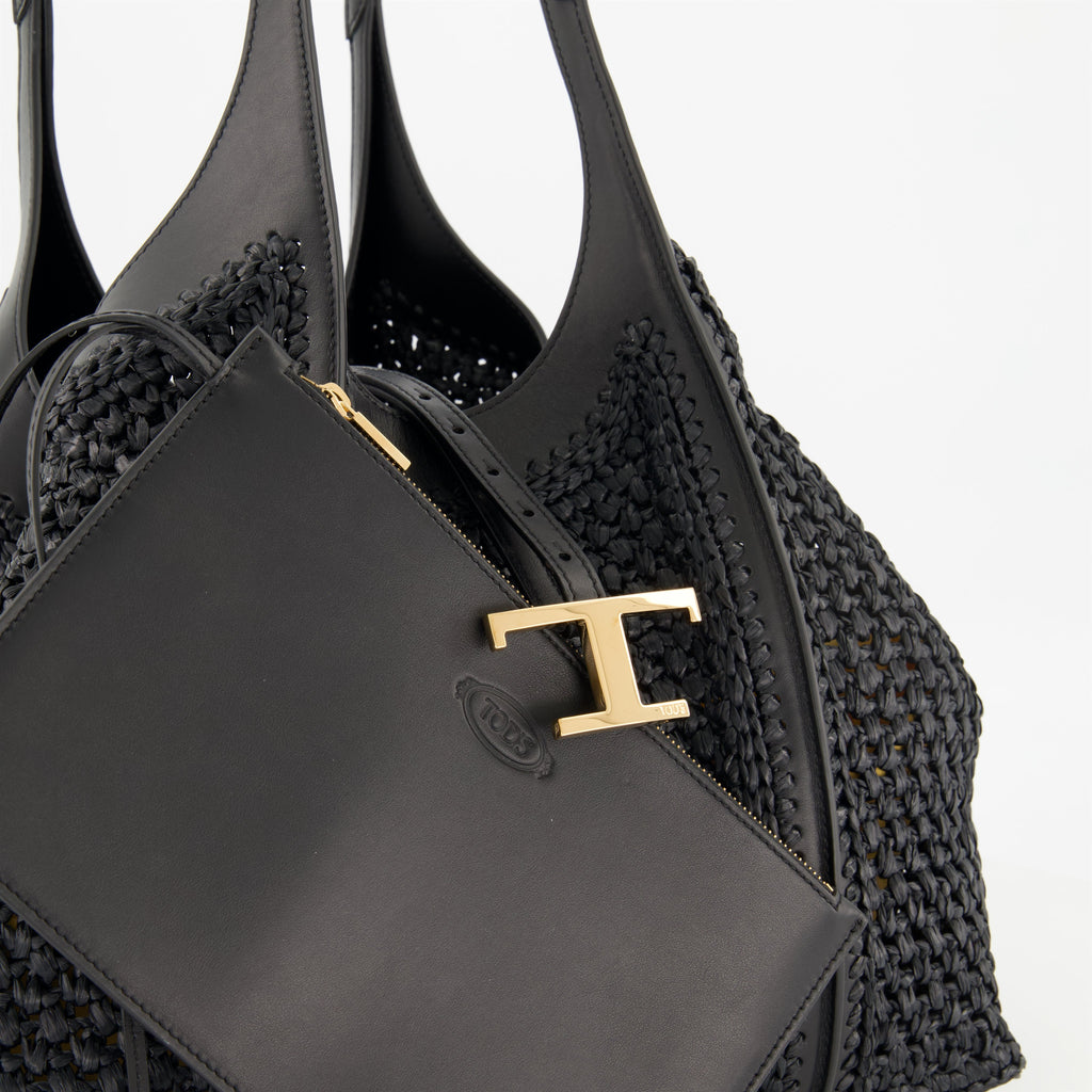 black raffia cabas, T Timeless bag, leather and raffia tote, Tod's accessories, stylish handbags