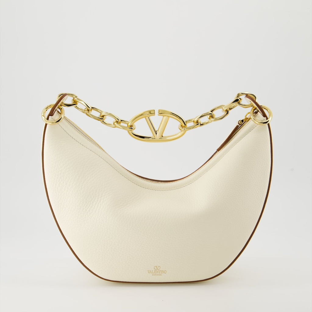 Valentino, VLogo Moon Hobo, luxury handbag, white leather bag, gold chain handle