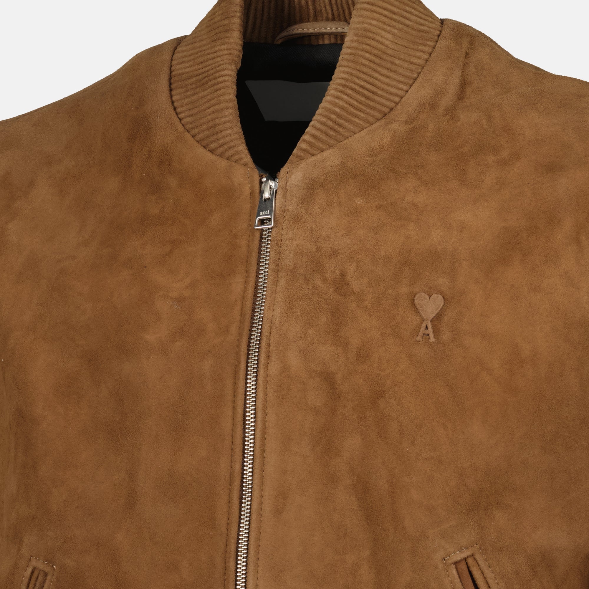 brown suede bomber jacket, AMI Paris, autumn-winter fashion, stylish outerwear, versatile jacket