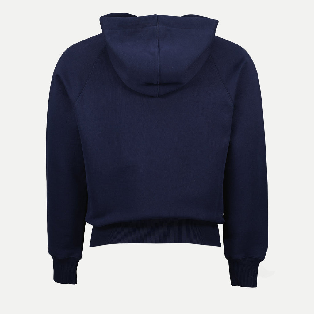 ネイビーのジップアップスウェットシャツ