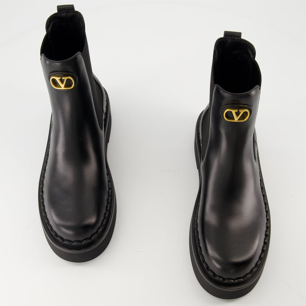 Beatle Boots, Valentino, Black Calf Leather Boots, Slip-On Boots, VLogo Signature