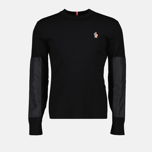 Moncler knit sweater, black sweater, wool nylon blend, embroidered logo, Autumn-Winter 2024