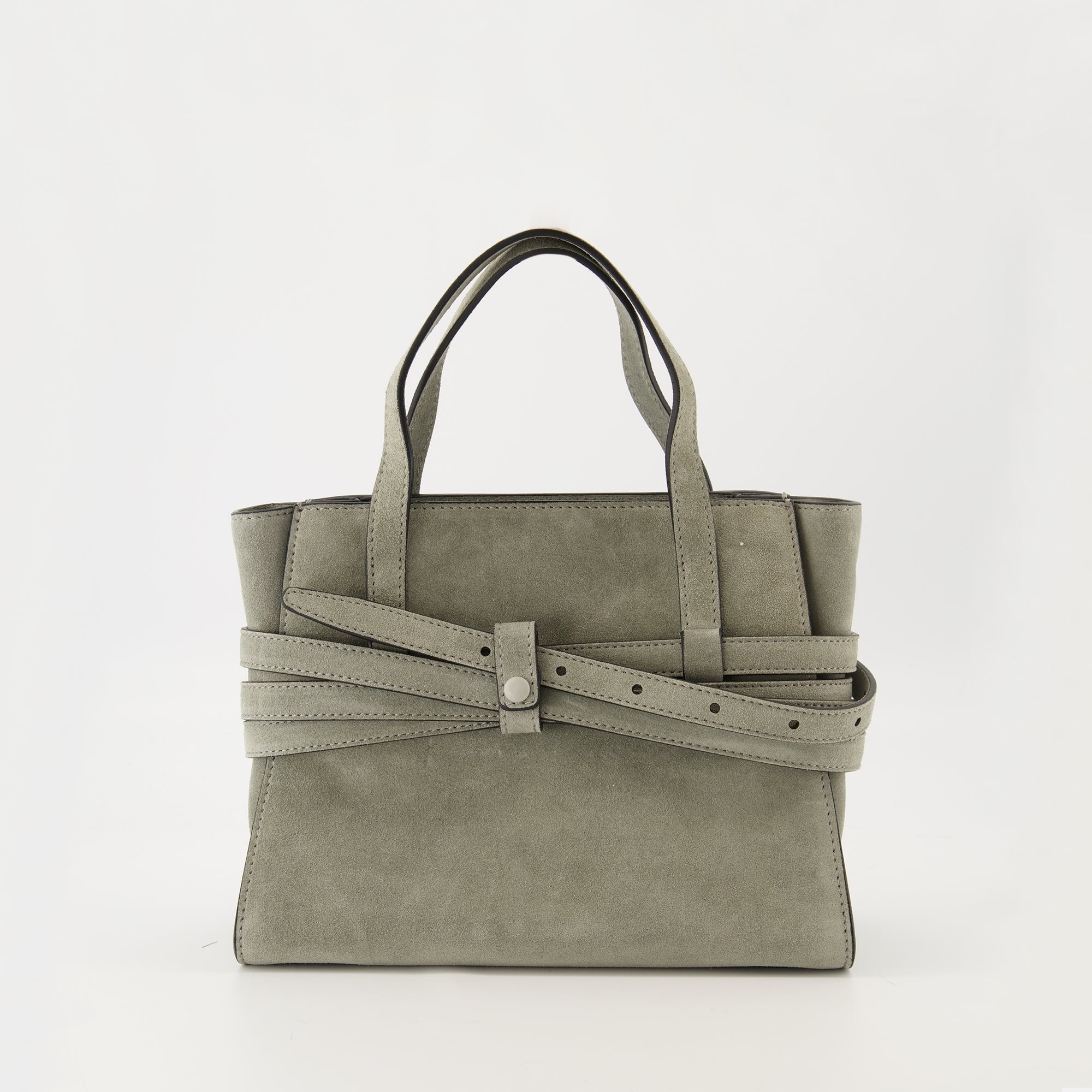 Moschino Tie Me Bag, suede handbag, grey bag, adjustable strap, designer accessories