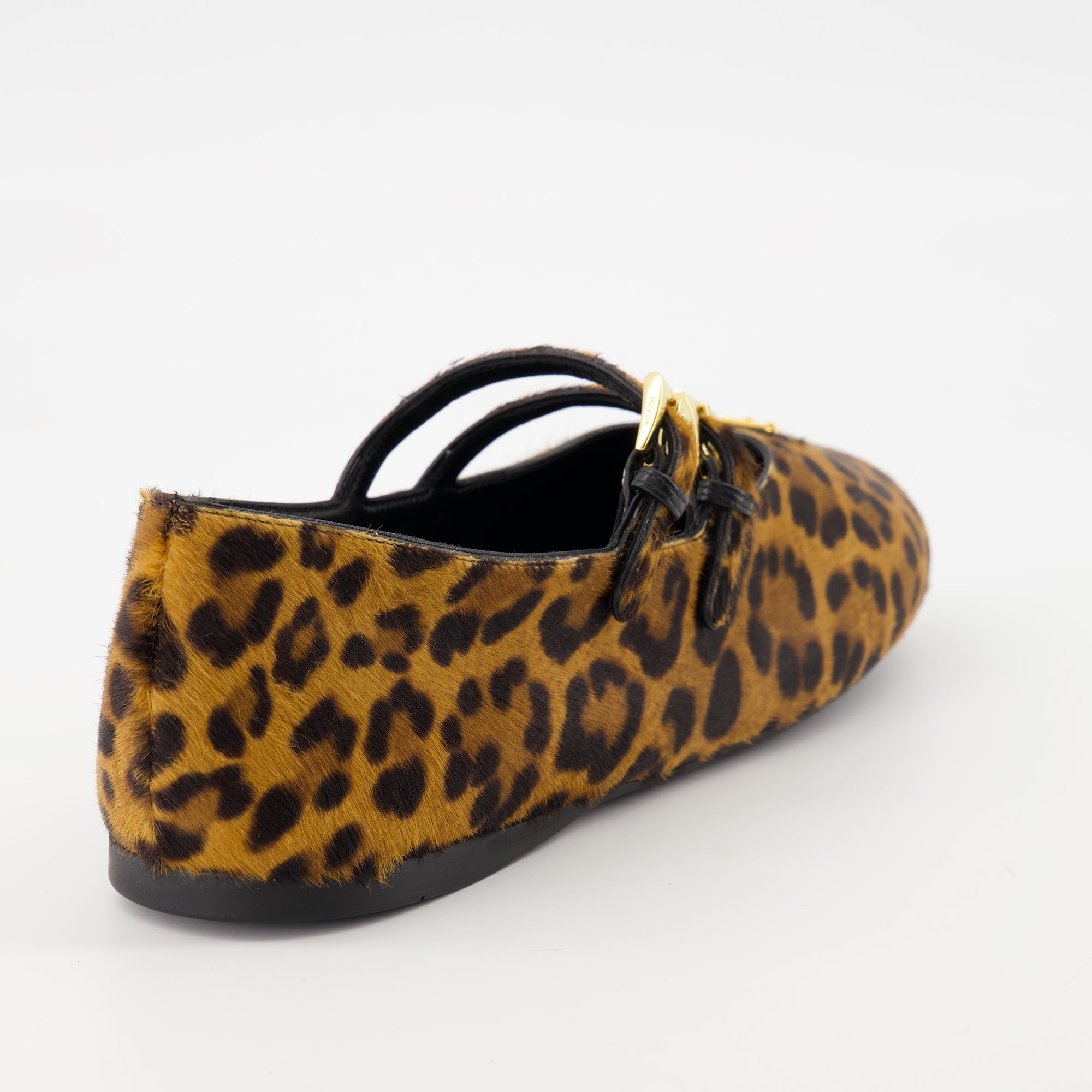 Prada ballerinas, leopard print shoes, calf leather flats, designer footwear, adjustable strap ballerinas