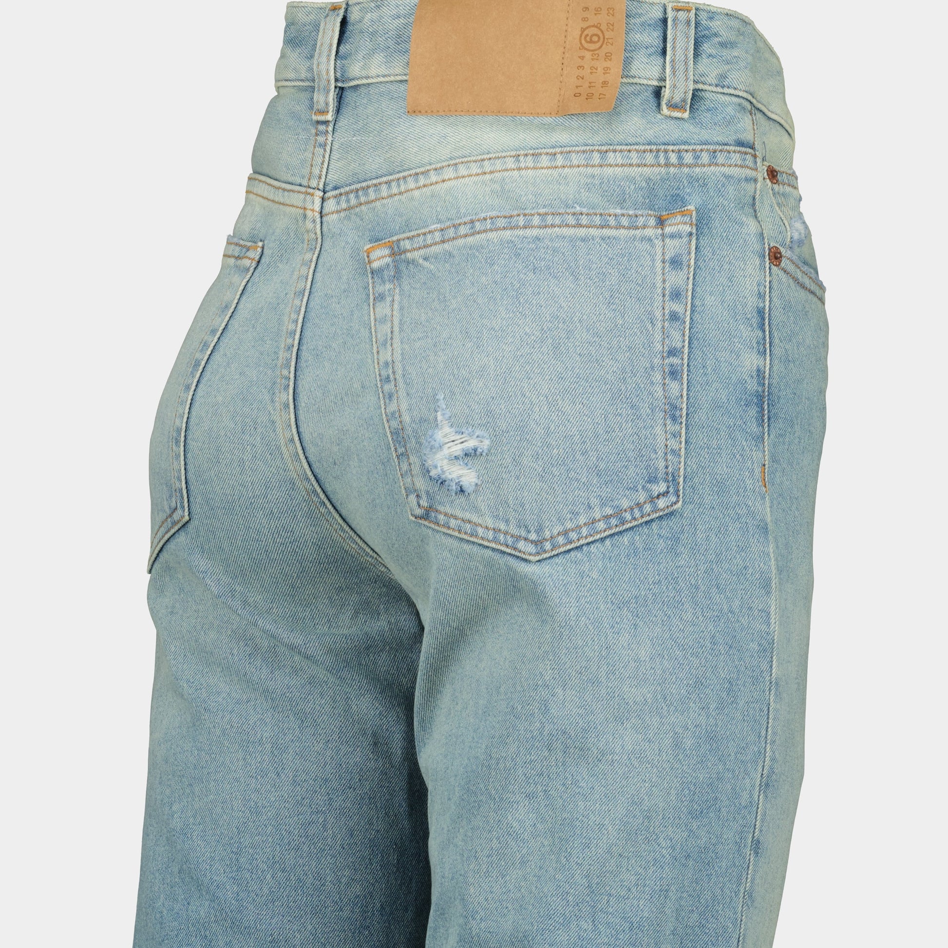 MM6 jeans, Patchwork denim, Straight fit jeans, Distressed denim, Adhesive band jeans