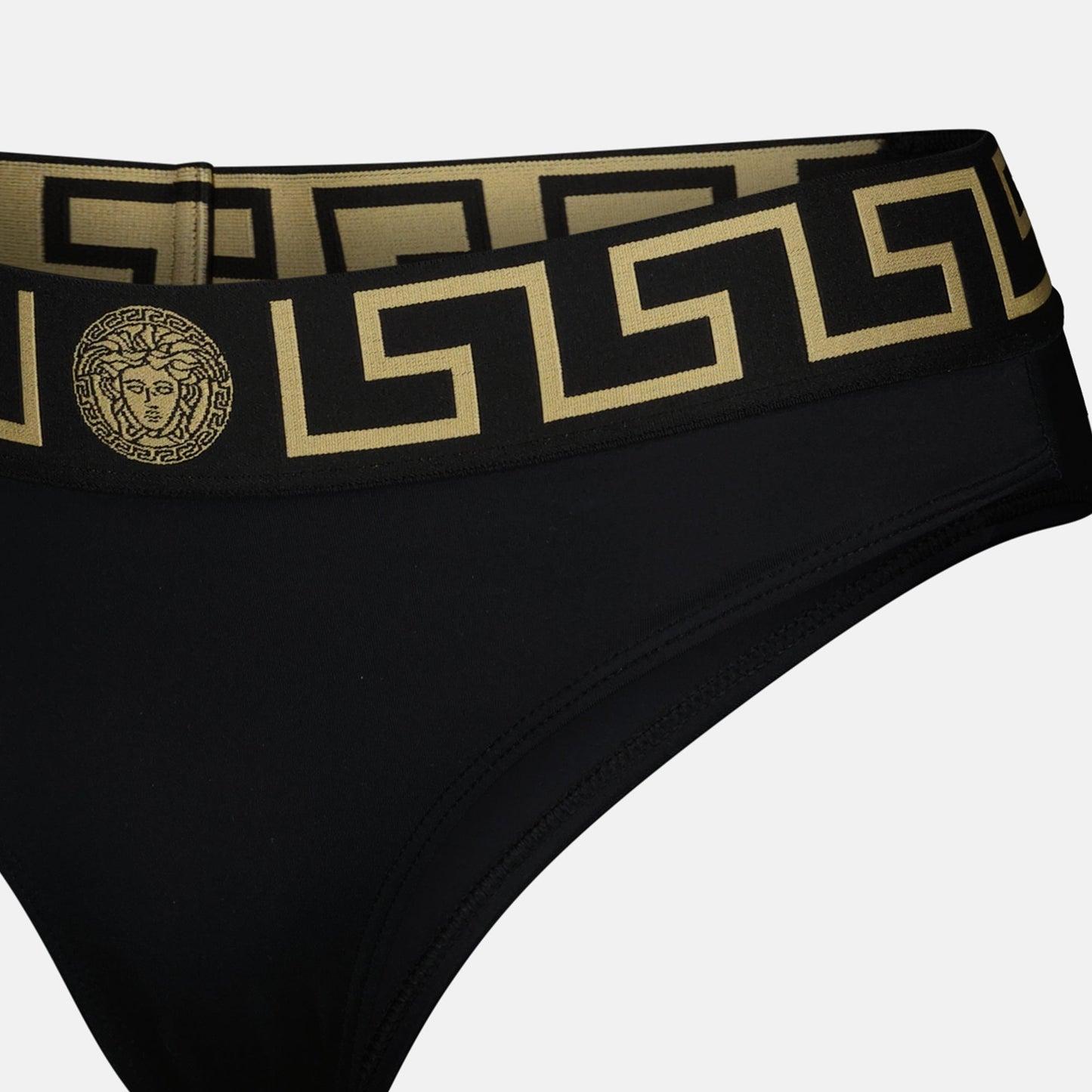 Versace bikini bottom, Medusa Greca swimwear, luxury swimwear, black bikini, designer swimwear