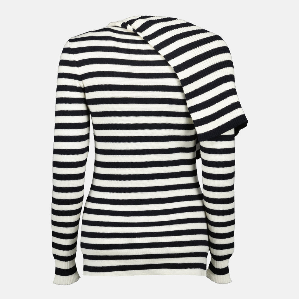 Rabanne sweater, blue and white striped sweater, wool sweater, autumn winter collection, elegant knitwear