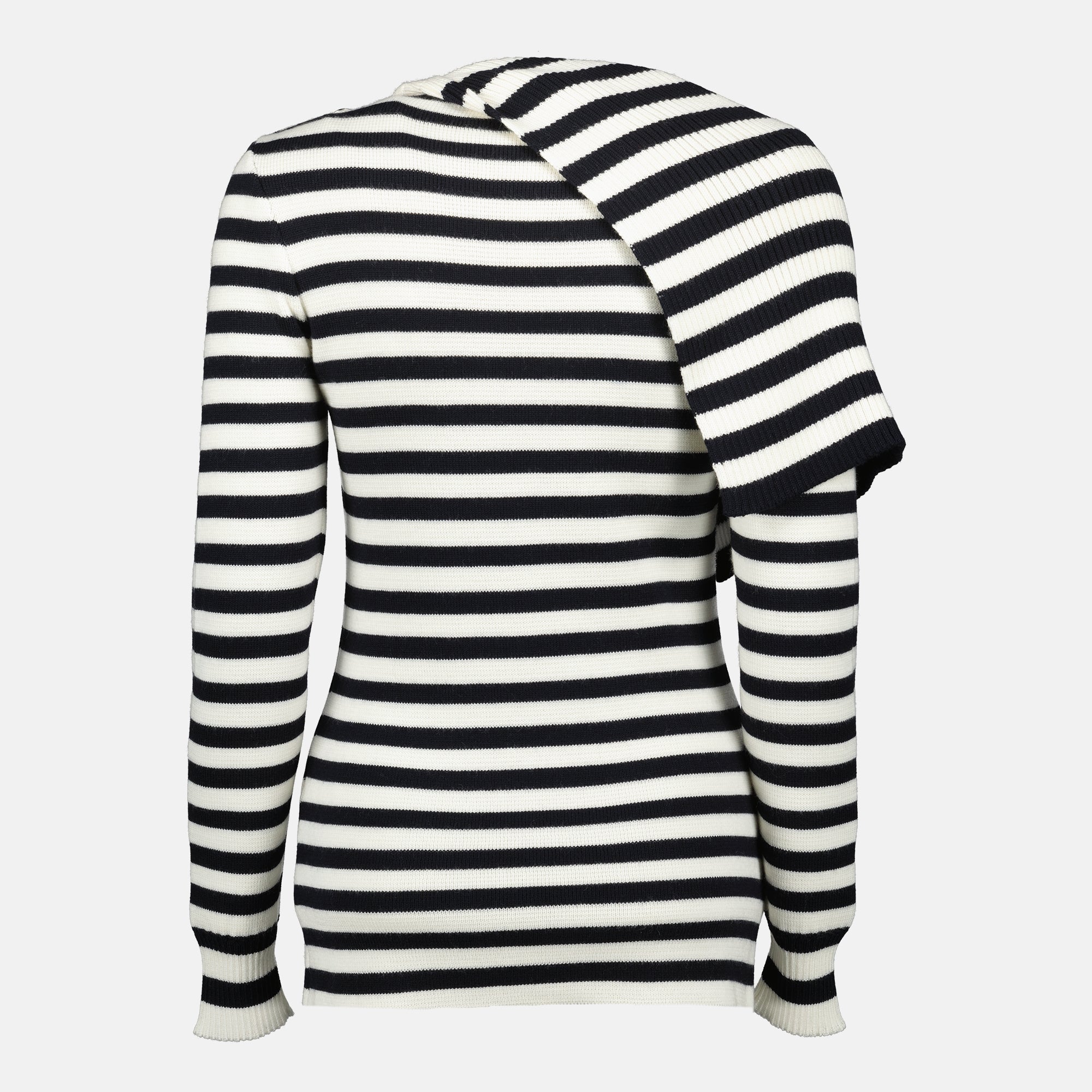 Rabanne sweater, blue and white striped sweater, wool sweater, autumn winter collection, elegant knitwear