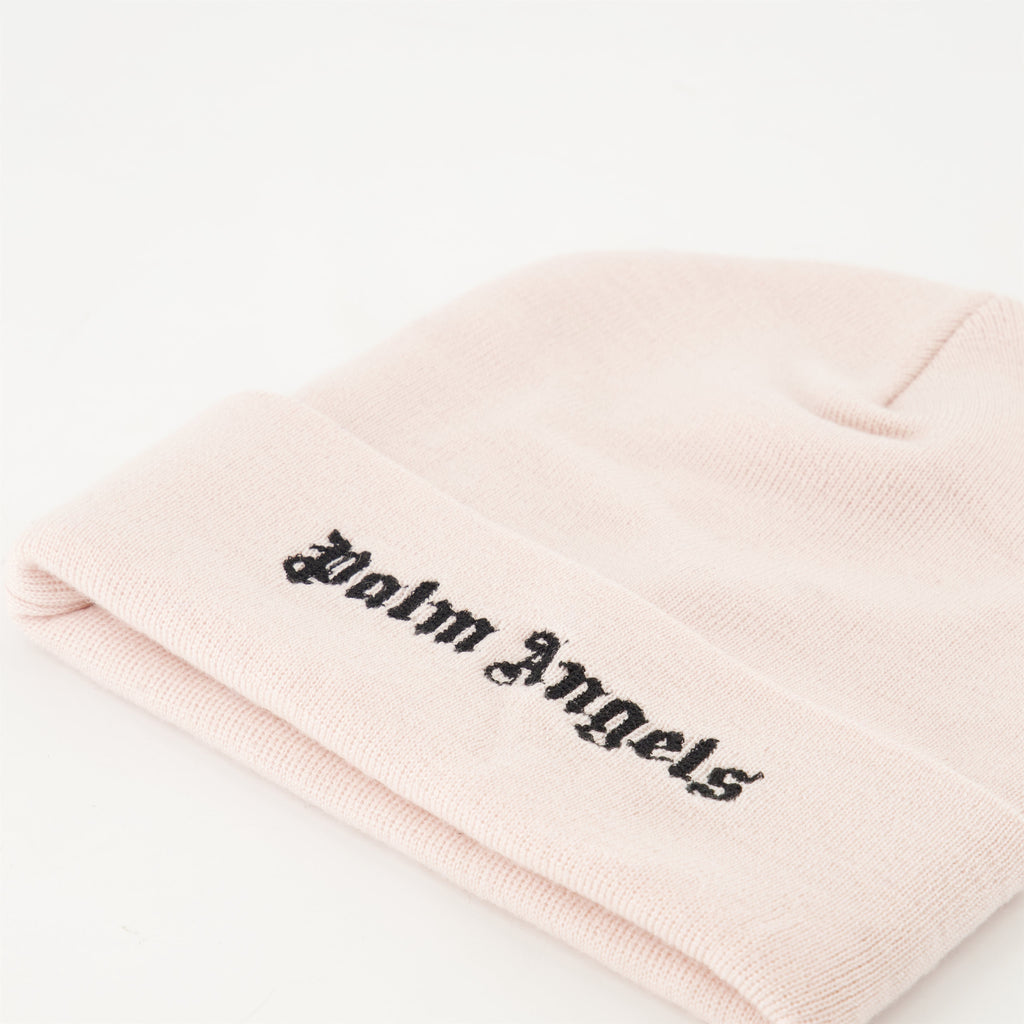 pink wool beanie, Palm Angels beanie, embroidered logo hat, Autumn-Winter 2023 accessory, women's winter hat